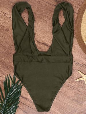 Myshop11 בגדי נשים Solid Color Sexy Low-cut Harness One Piece Swimsuit