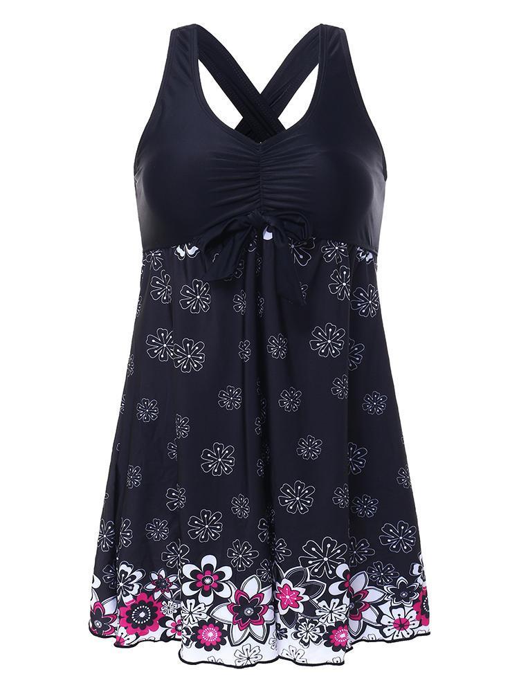 Myshop11 בגדי נשים Plus Size Women Floral Printing Swimsuits Black Criss-Cross One Pieces Beachwear