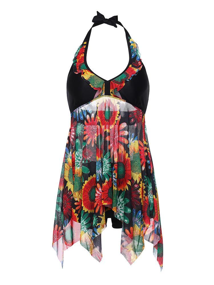 Myshop11 בגדי נשים Plus Size Women Sexy Halter Printed Two Pieces Backless Wire Free Irregular Hem Swimdress